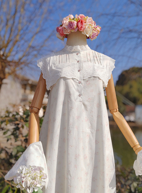 兔子大人｜手作服 vintage复古塔克褶花边拼接连衣裙配三角巾发圈