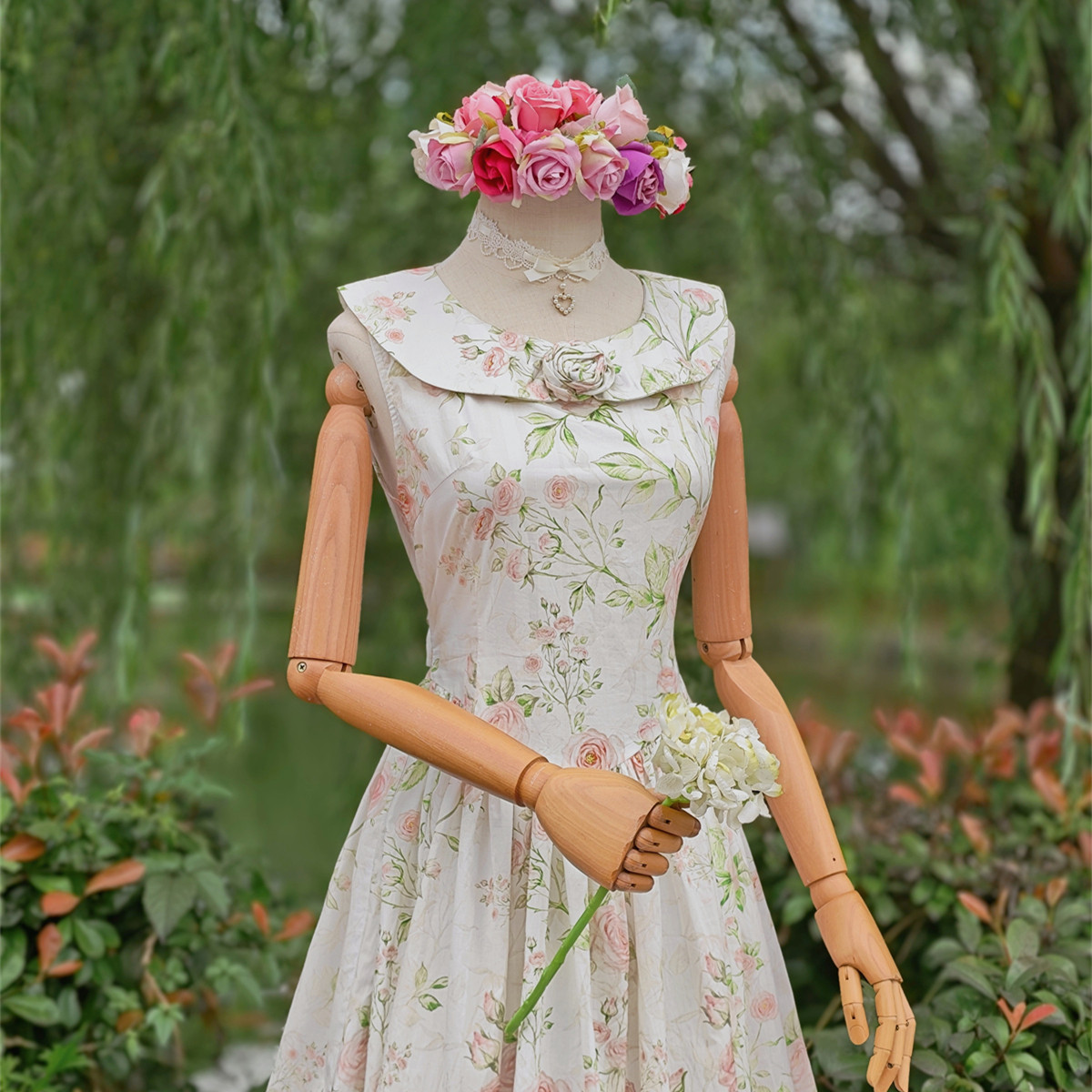 兔子大人｜手作服 vintage美式浪漫立体玫瑰花领无袖洋装连衣裙