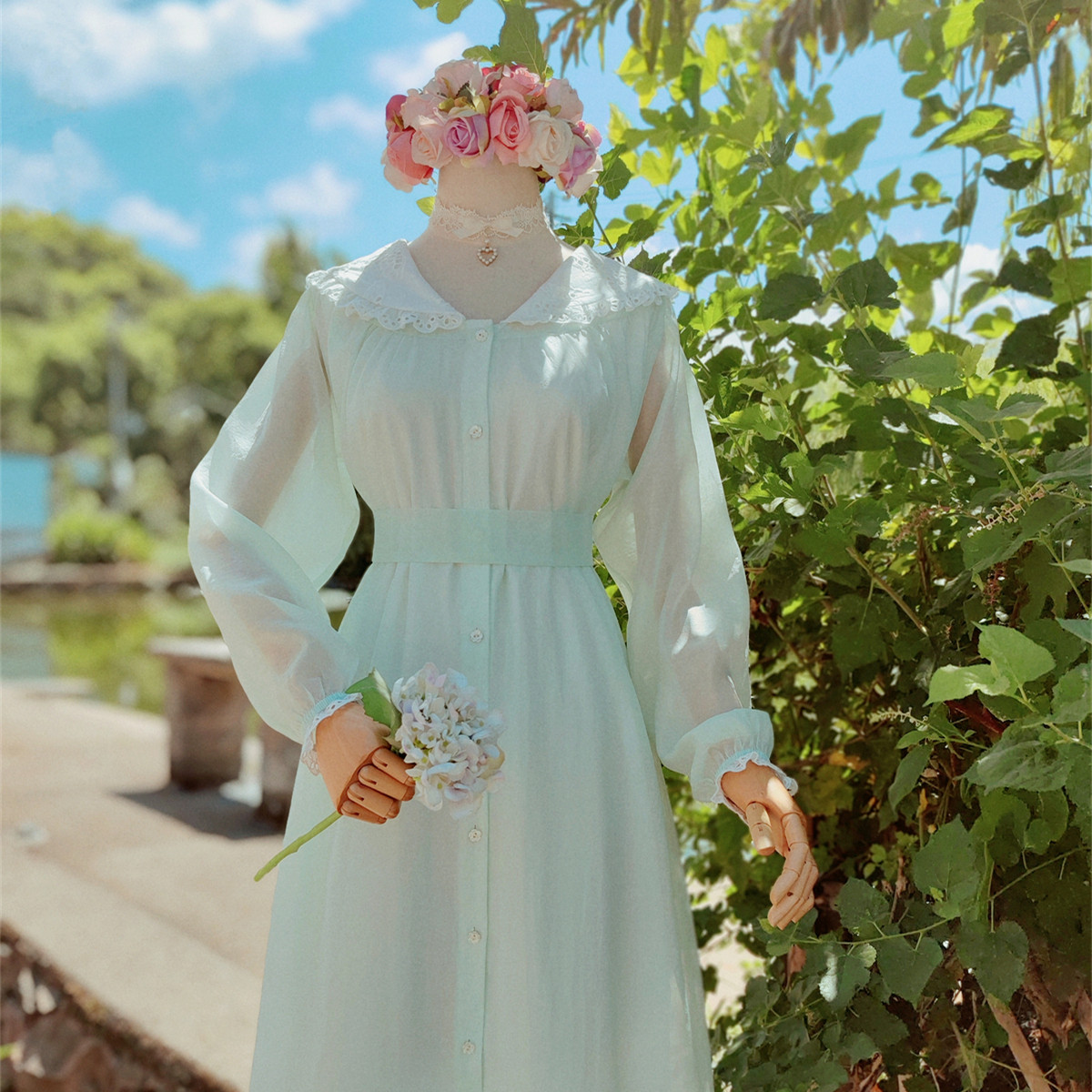 兔子大人|手作服 vintage薄荷绿日系甜美薄纱长袖开襟连衣裙