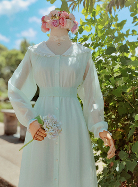 兔子大人｜手作服 vintage薄荷绿日系甜美薄纱长袖开襟连衣裙