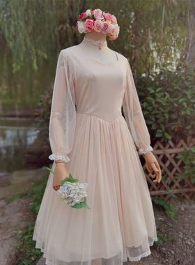 兔子大人｜自制手作服 vintage古董点纱复古cla风蕾丝长袖连衣裙