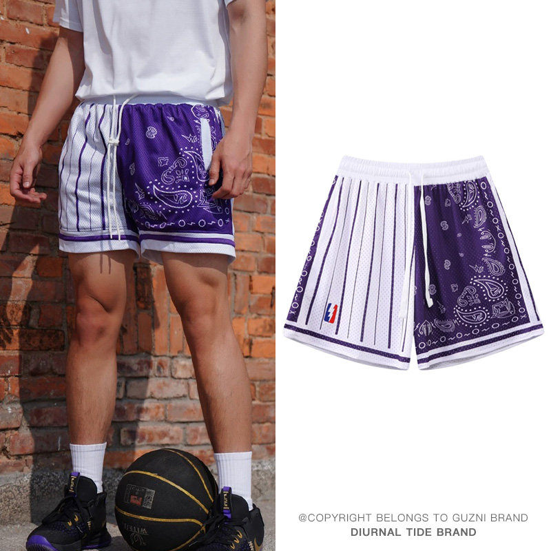 休闲短裤男款夏季紫色条纹腰果花美式篮球裤宽松潮流运动四分裤子