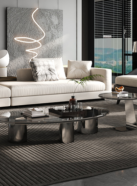 意式极简椭圆形黑色钢化玻璃茶几不锈钢圆形现代简约网红设计感