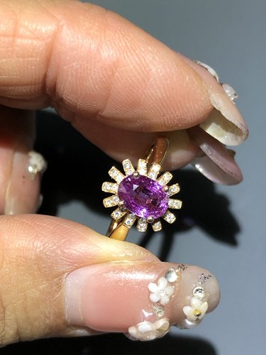 无烧紫粉色蓝宝石戒指主石1.025克拉镶嵌18K玫瑰金真钻