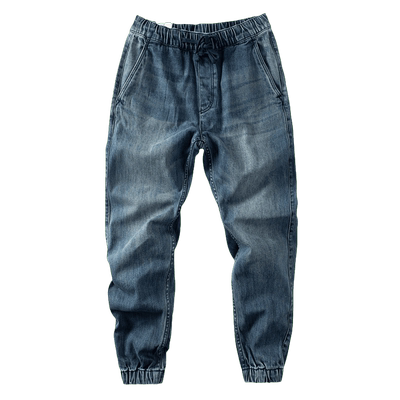 重磅抽绳牛仔裤束脚裤洗水宽松