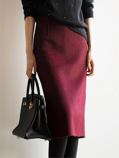 新款羊毛呢半身裙高腰包臀裙中长款气质显瘦一步裙职业裙纯色工装