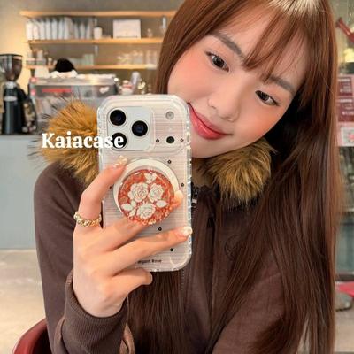 磁吸支架适用opporealmeGT5pro/neo9/6se手机壳V50/11/GT3女款8秋冬复古条纹玫瑰花Q2/5i真我x7pro新23软z4