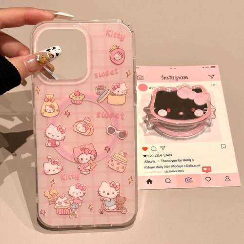 适用meizu18pro魅族21note无界版9卡通可爱化妆镜子猫咪6plus/T谷歌20磁吸支架17全包X传音tecno女INFINIXHOT