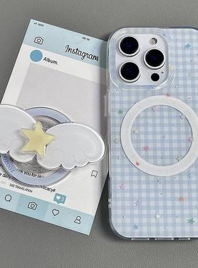 适用meizu18pro魅族21note无界版9日韩蓝色格子星星翅膀6plus/T谷歌20磁吸支架17全包X传音tecno女INFINIXHOT