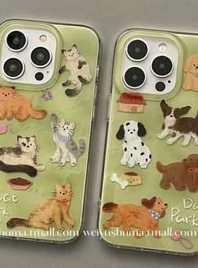 双层绿色草坪猫咪狗狗适用vivoiQOO12/11s/97手机壳neo10/8pro情侣7Se/Z8/Z6女款U3/5e防摔5x全包Z1软套13s新