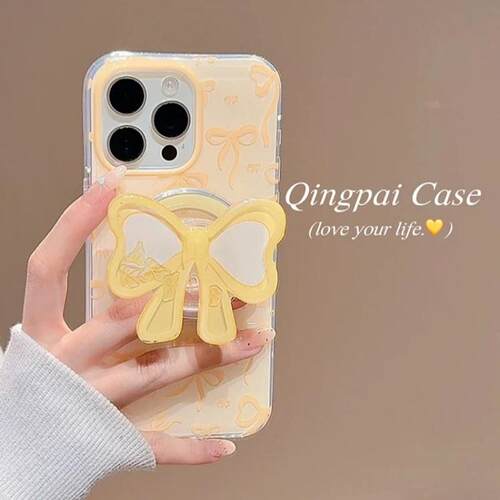 韩系奶黄色蝴蝶结甜美磁吸支架适用苹果16手机壳iPhone15少女款13/12防摔11PROMAX全包S/XR新品7/8软套14PLUS