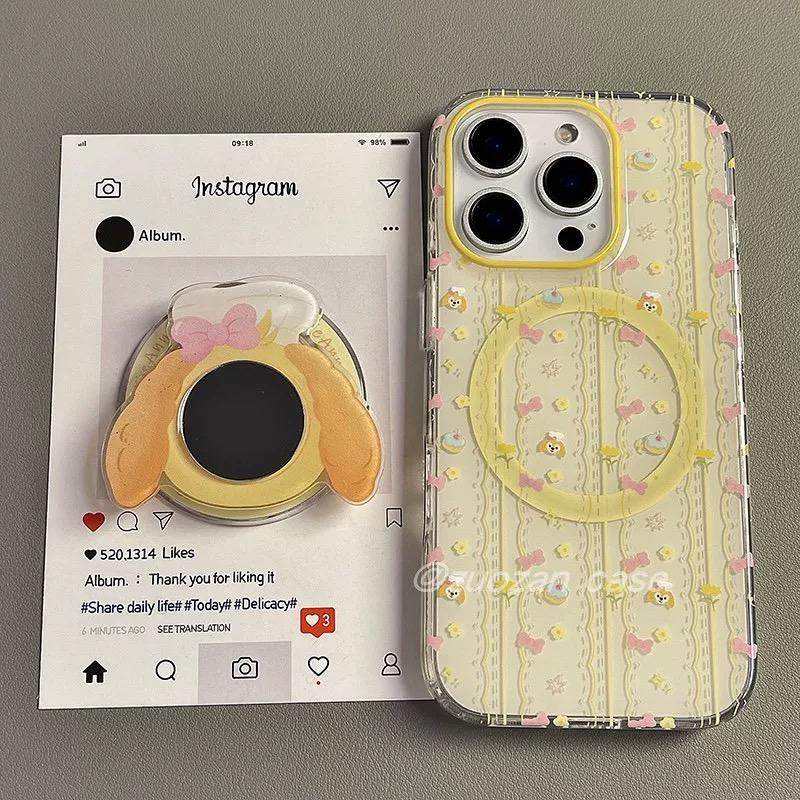 黄色条纹化妆镜子饼饼磁吸支架适用苹果16手机壳iPhone15少女款13/12防摔11PROMAX全包S/XR硅胶7/8软套14PLUS