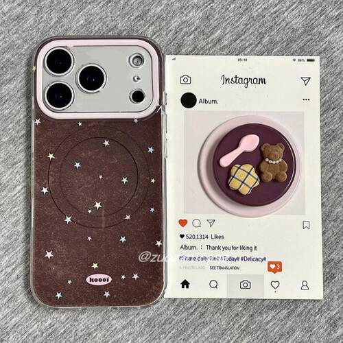 棕底彩色星星勺子小熊磁吸支架适用苹果16手机壳iPhone15少女款13/12防摔11PROMAX全包S/XR新品7/8软套14PLUS