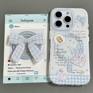 磁吸支架适用vivoX100/30/60/x70/y78手机壳X90简约蓝格纹蝴蝶结y76s女国际版S18e/X200/15PRO韩风Y33/mini软