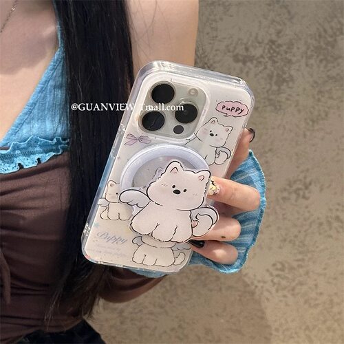 泼墨天使软萌小狗磁吸支架适用苹果16手机壳iPhone15少女款防摔13/12可爱11PROMAX全包S/XR新品7/8软套14PLUS