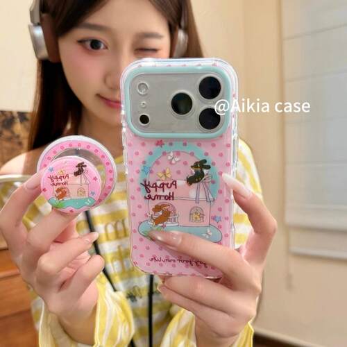 粉波点腊肠狗玫瑰天使磁吸支架适用苹果16手机壳iPhone15少女款13/12防摔11PROMAX全包S/XR新品7/8软套14PLUS