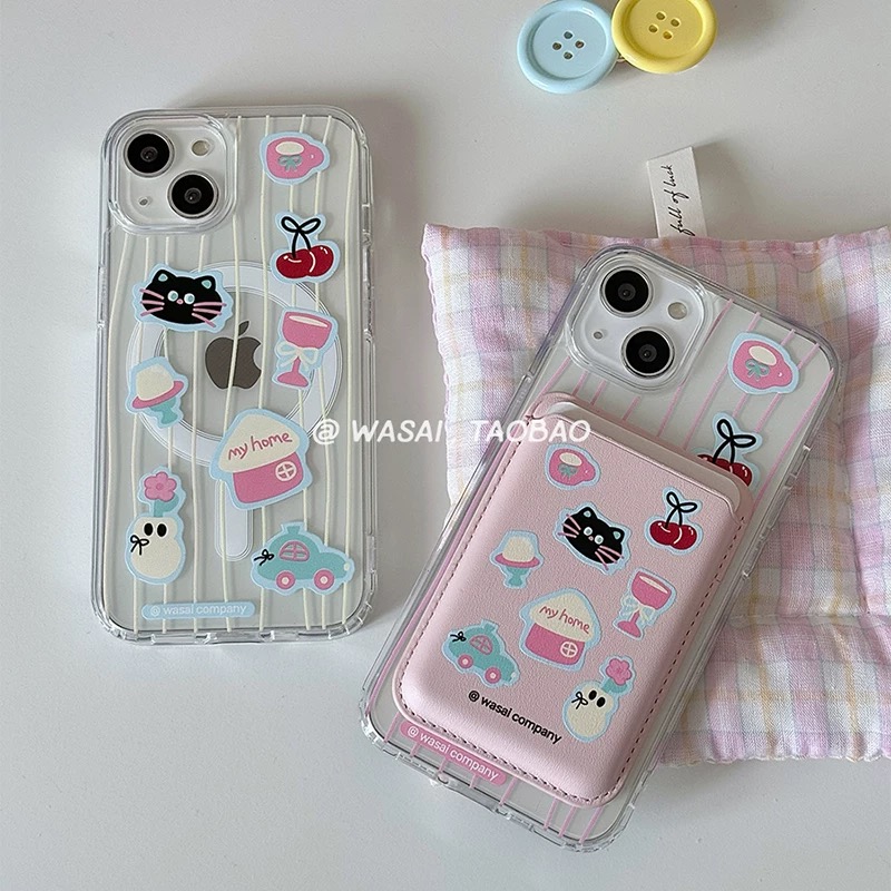 磁吸卡包适用华为荣耀100女款90华为magic6pro/80GT手机壳70se/X20/30小众春日条纹猫咪40i+畅玩50plus软硅胶