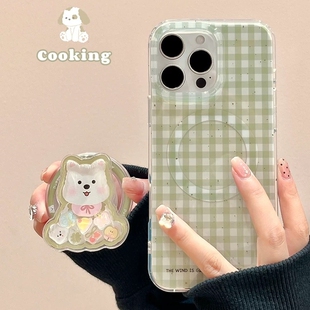 8pro磁吸支架7Se 97手机壳neo10 Z6女U3 5x全包Z1软套13s新 绿色格纹摇摇乐小狗适用vivoiQOO12 5e个性 11s