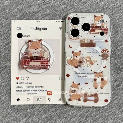 磁吸支架适用oppoA3/reno10/4se手机壳findx7/5pro趣味可爱小熊狐狸波点A56/32/a57女K11x/97/93s软套8国际版