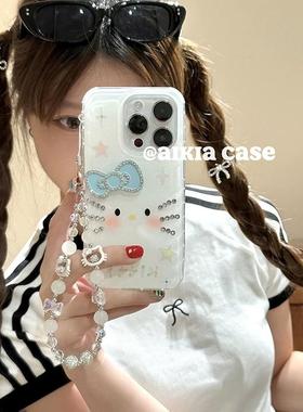 链条猫咪适用opporealmeGT5proeo9/6se手机壳V50/11/GT3女款8闪粉镶钻石蓝色蝴蝶结Q2/5i真我x7pro新23软z4