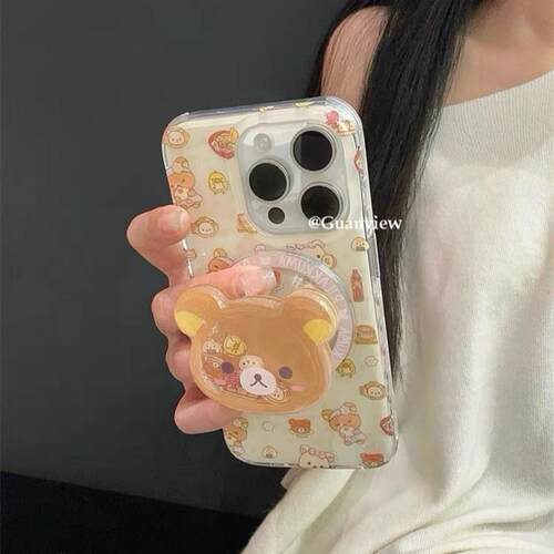 日系拉面饭团轻松小熊磁吸支架适用苹果16手机壳iPhone15少女款13/12防摔11PROMAX全包S/XR新品7/8软套14PLUS