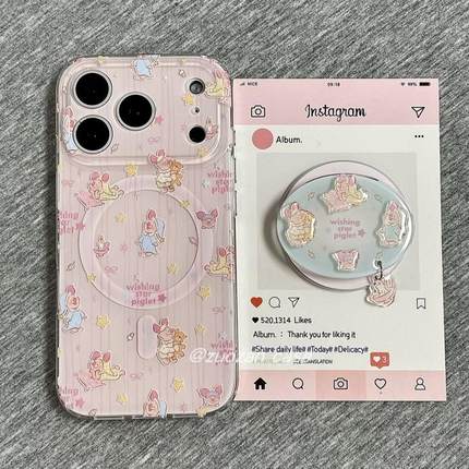 磁吸支架适用oppoA3/reno10/4se手机壳findx7/5pro超萌可爱粉色皮杰小猪A56/32/a57女K11x/97/93s软套8国际版