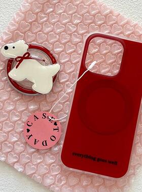 ins磁吸支架适用小米14/13U新10S手机壳红米Turbo3喜庆酒红k70/60/note12t/civi4pro女款k40S/50软套看剧神器