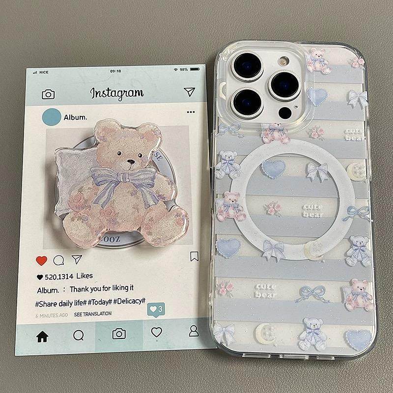 磁吸支架适用oppoA3/reno10/4se手机壳findx7/5pro少女新款抱枕小熊蓝色A56/32/a57女K11x/97/93s软套8国际版