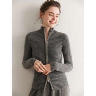 LP同款双拉链山羊绒开衫女半高领时尚修身显瘦针织毛衣外套