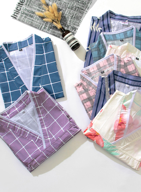 纯棉汗蒸服男款浴服汤泉足道桑拿服情侣款短袖开衫V领印花格子