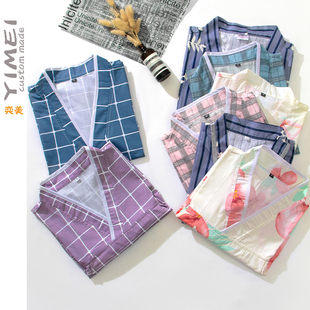 纯棉汗蒸服男款浴服汤泉足道桑拿服情侣款短袖开衫V领印花格子