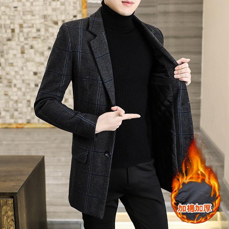修身格子中长款毛呢大衣男士冬季加棉加厚呢子外套休闲年冬1209e