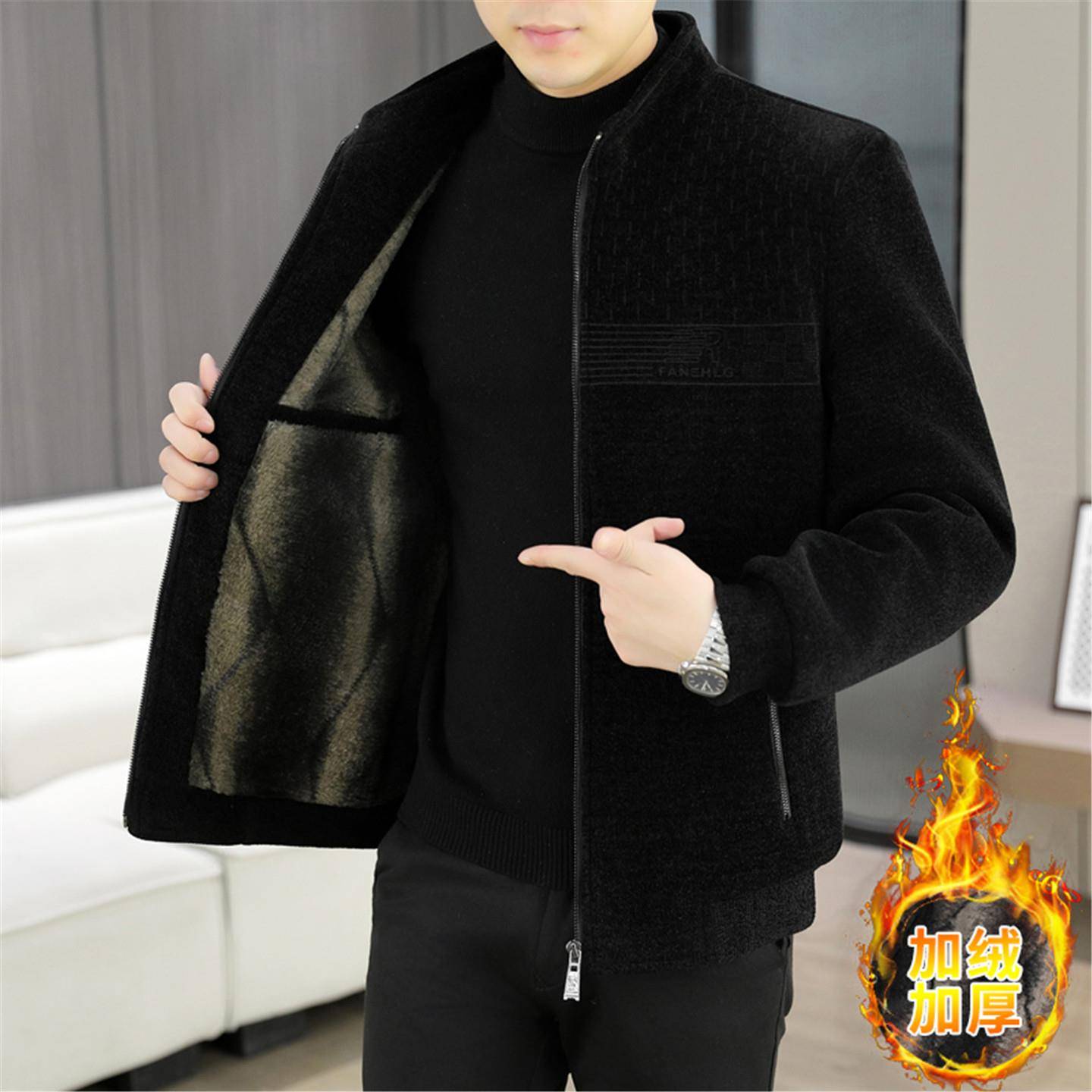 秋冬季男士新款立领呢子夹克加绒加厚保暖毛呢外套中年短款1029n