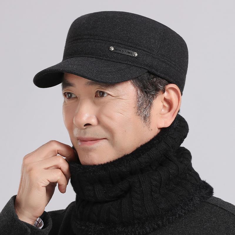秋冬中老年帽子男士爸爸保暖平顶帽爷爷加绒厚鸭舌帽老人冬1207u
