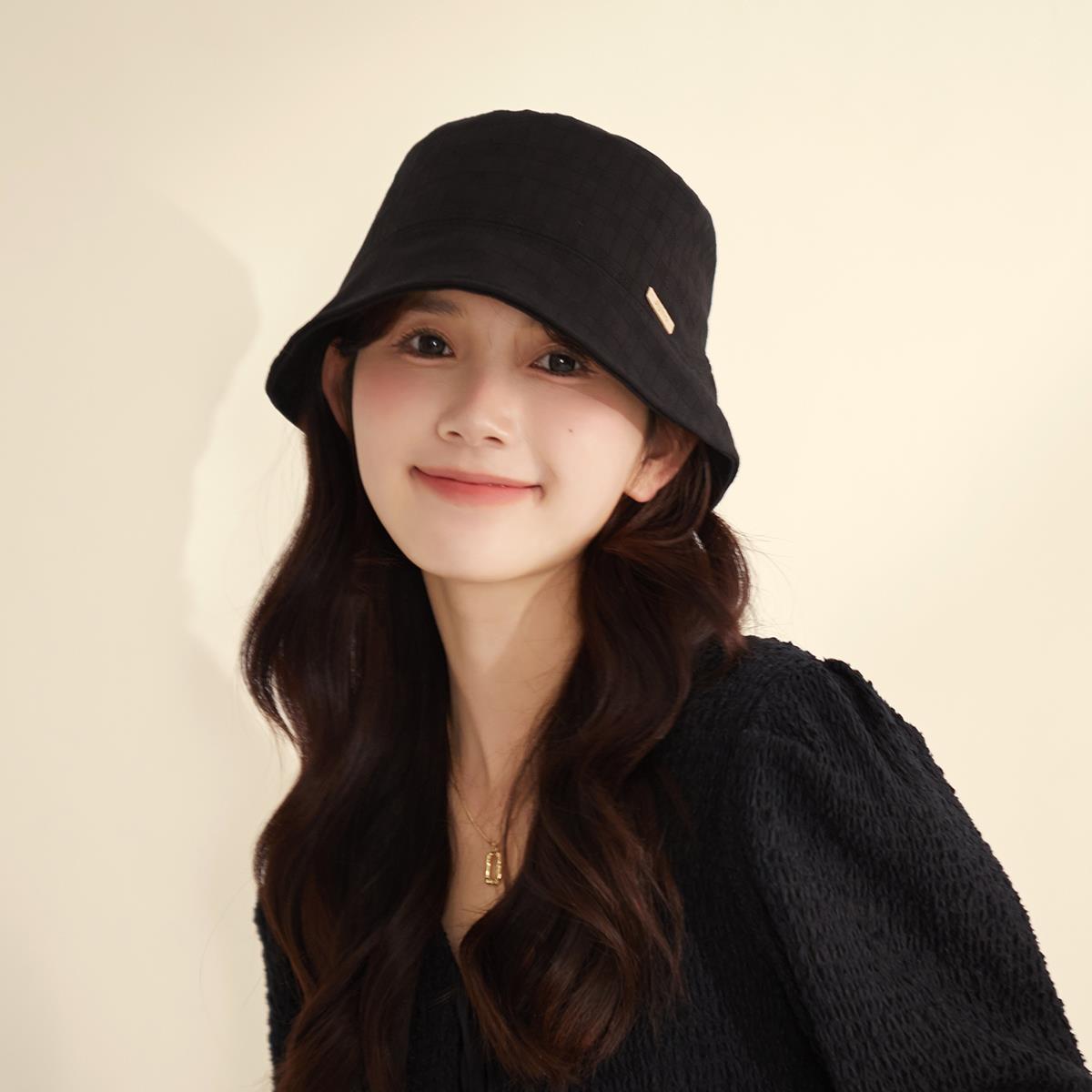 气质黑色盆帽女四季款透气渔夫帽子韩版小众设计感百搭水1206e