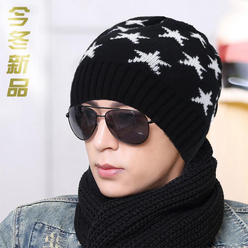 秋冬帽子男韩版潮五星毛线帽针织套头帽年保暖帽时尚学女棉1031e