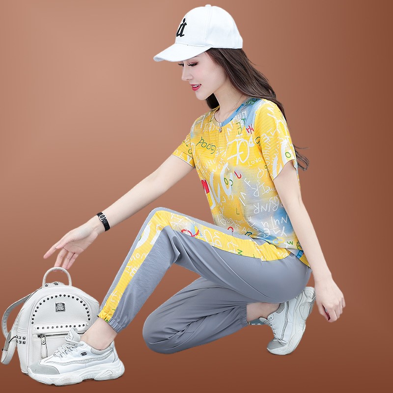 休闲运动套装女夏品牌冰丝两件套天冰感速干衣短袖服宽松显0528m