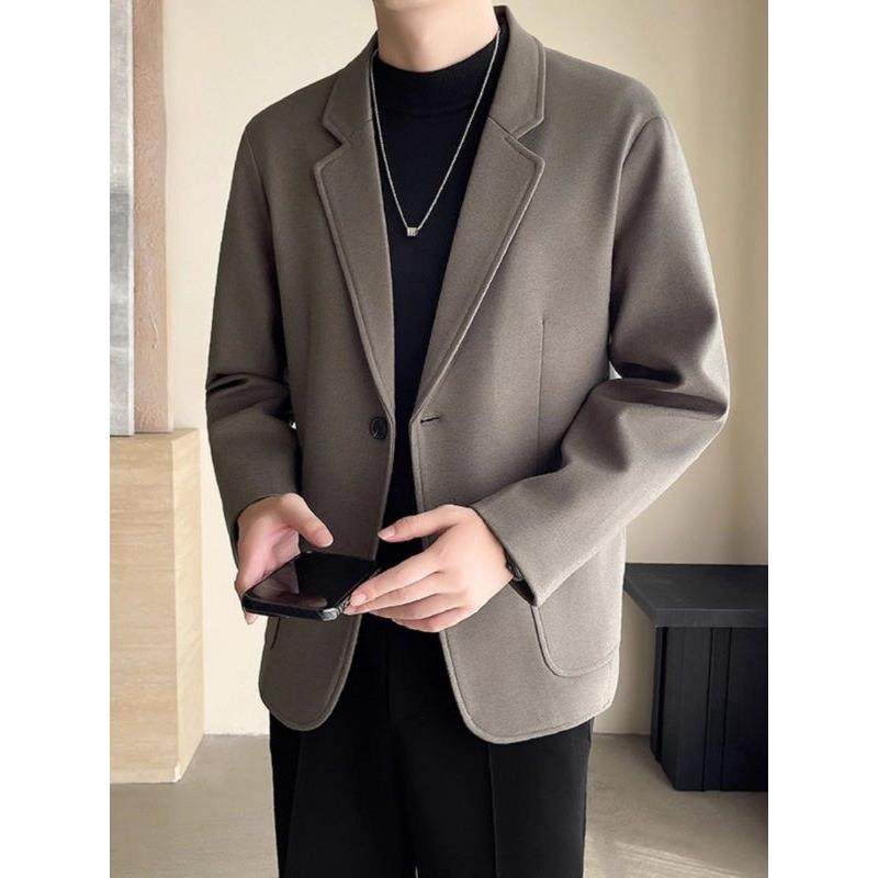 咖色短款毛呢西装外套男士秋冬季韩版潮流休闲西服英伦风大1222e