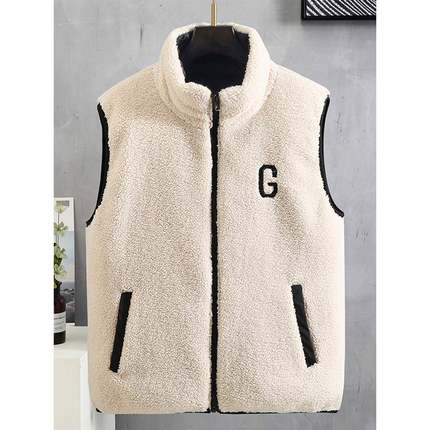秋冬季马甲男女士羊羔绒马夹情侣款背心少年学两面穿保暖坎1215u