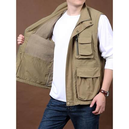 马甲男士秋季加绒宽松保暖背心冬季户外钓鱼多口袋马夹男外1215u