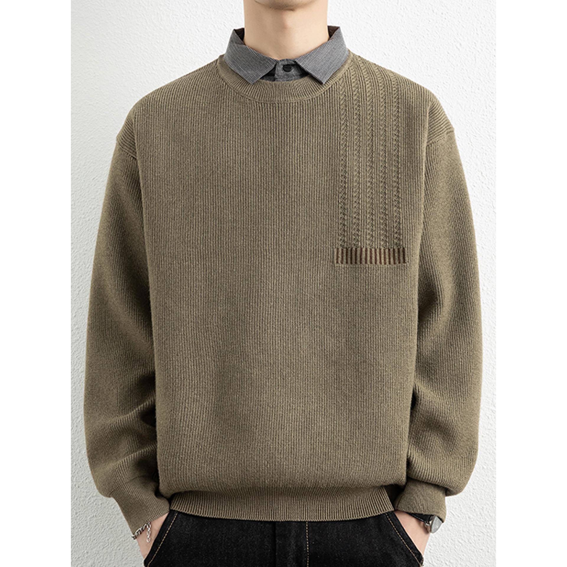 秋冬季新款轻奢假两件毛衣男士加厚衬衫领针织衫休闲翻领线1204n