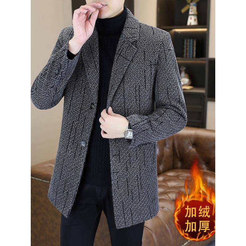 秋冬季中年毛呢大衣男士外套西装领中长款休闲风衣男爸爸装1209e