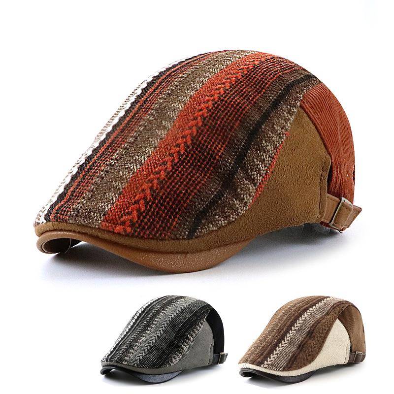 秋冬秋贝雷帽子男条纹鸭舌帽英伦百搭画家帽中老年前进帽1207u