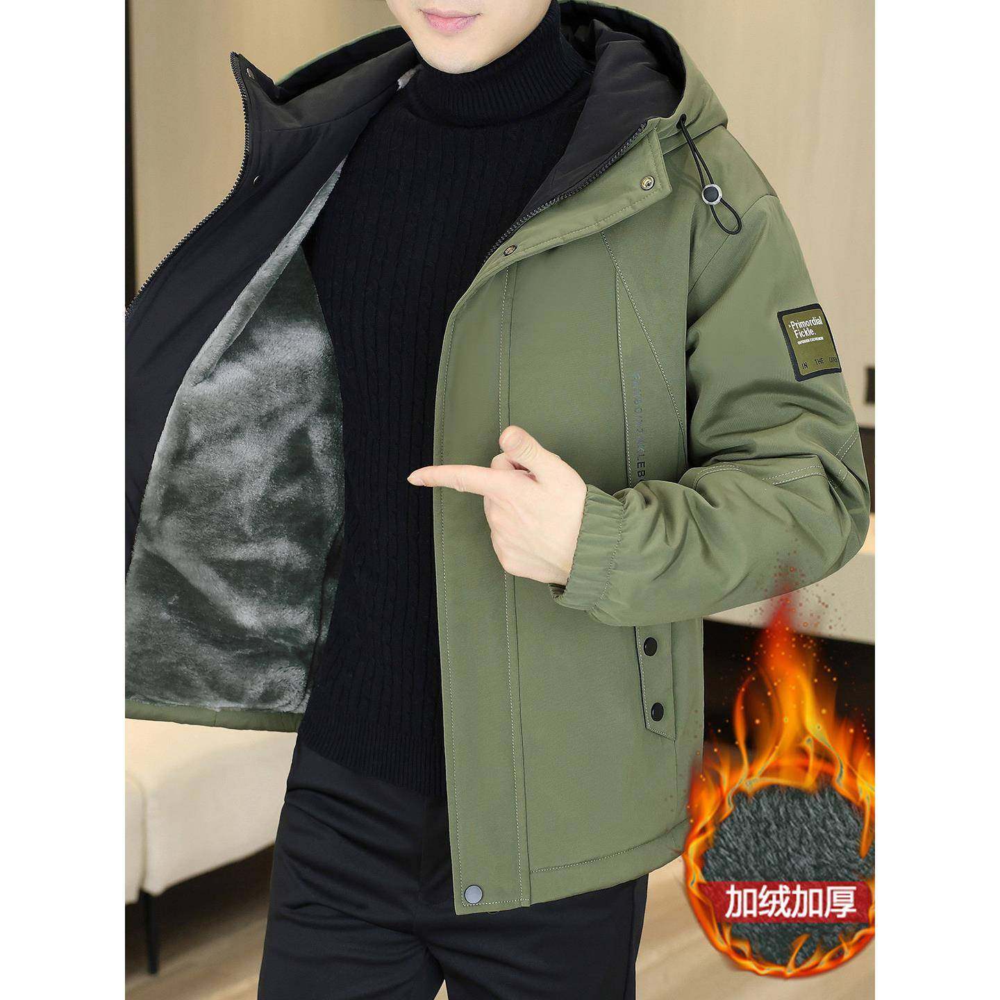 秋冬季新款外套男2025加绒加厚保暖连帽工装冲锋夹克男装上1216n
