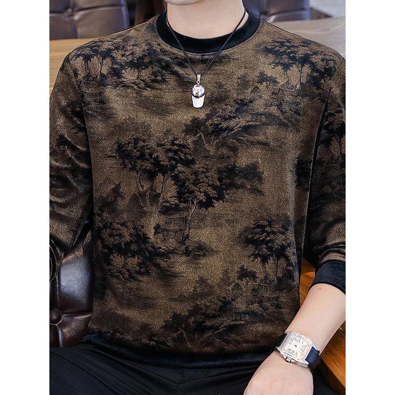 秋冬丝绒打底衫男士t恤长袖提花圆领秋衣潮流加绒体恤衫1117u