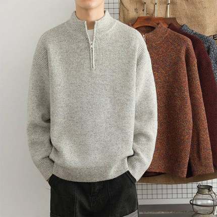 设计感加厚拉炼立领毛衣男秋冬季宽松简约针织衫保暖毛线衣1215u