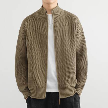 立领开衫外套男秋款高级感重磅美式针织夹克男宽松帅气褂子1215u