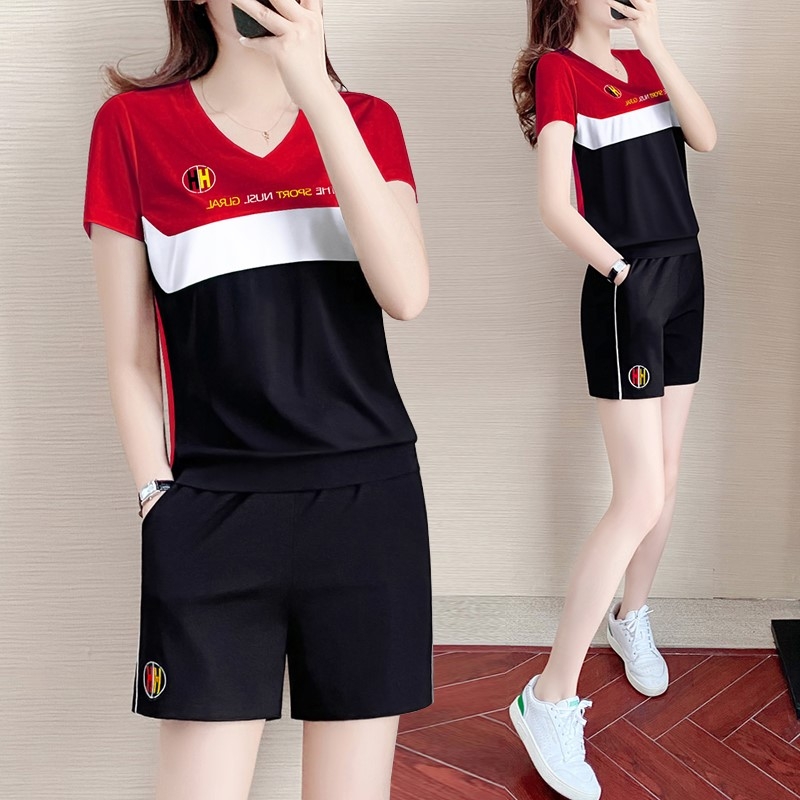 中年女士t恤短袖套装夏女运动服女夏季时尚减龄宽松冰丝高端0608r