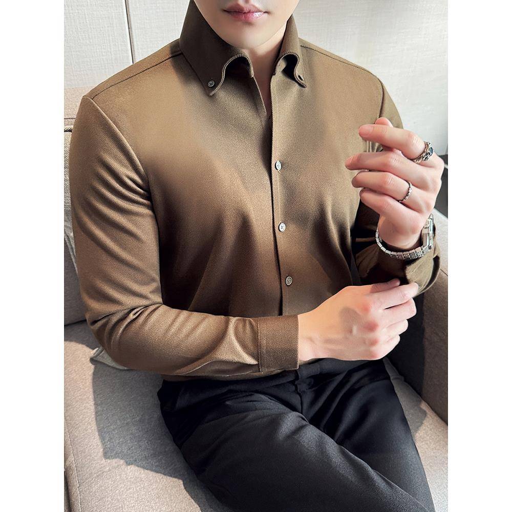 法式大V领无痕毛呢衬衫男长袖秋冬厚款商务休闲百搭修身质感1108u