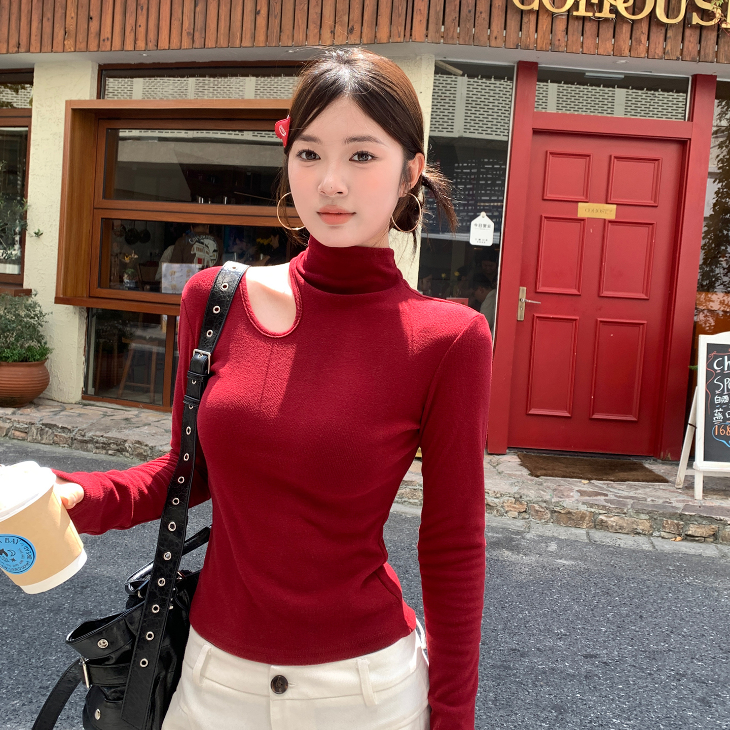 红色半高领打底衫女内搭